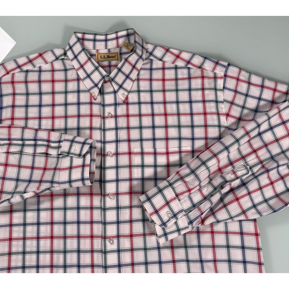 Vintage LL Bean Shirt Mens XL White Check 100% Cotton Button Down 90's Hong Kong